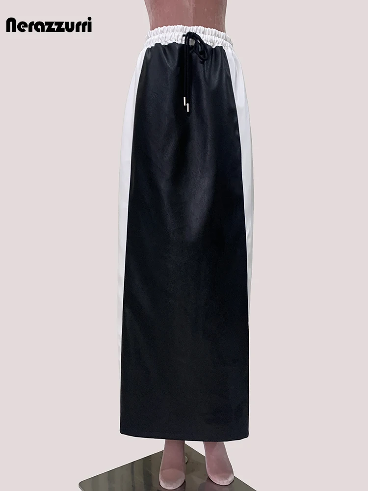 Lautaro Spring Autumn Patchwork Faux Leather Floor Length Skirt Women Drawstring Elastic Waist Luxury Designer Emo Clothes 2025