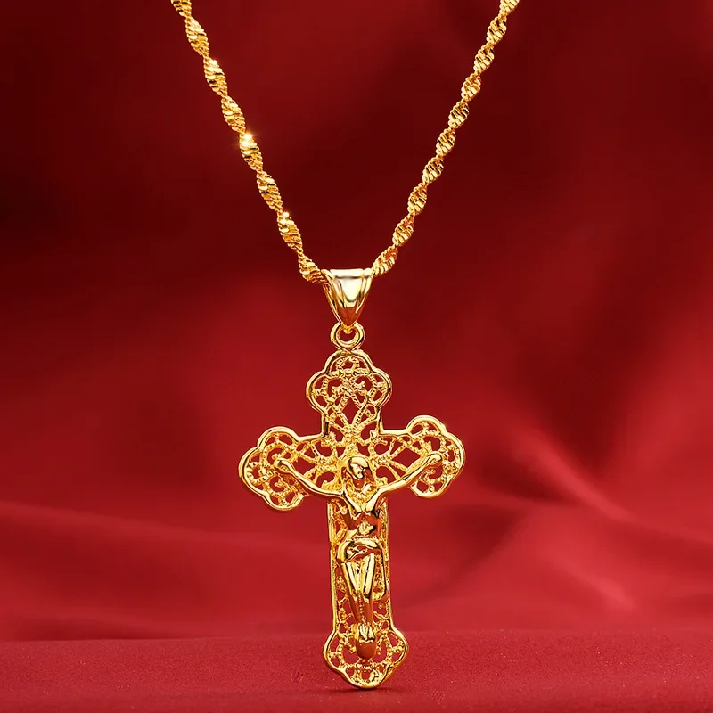 

High - Quality 24K AU9999 Gold Cross Necklace for Men & Women, 45cm Long, Fashion - forward