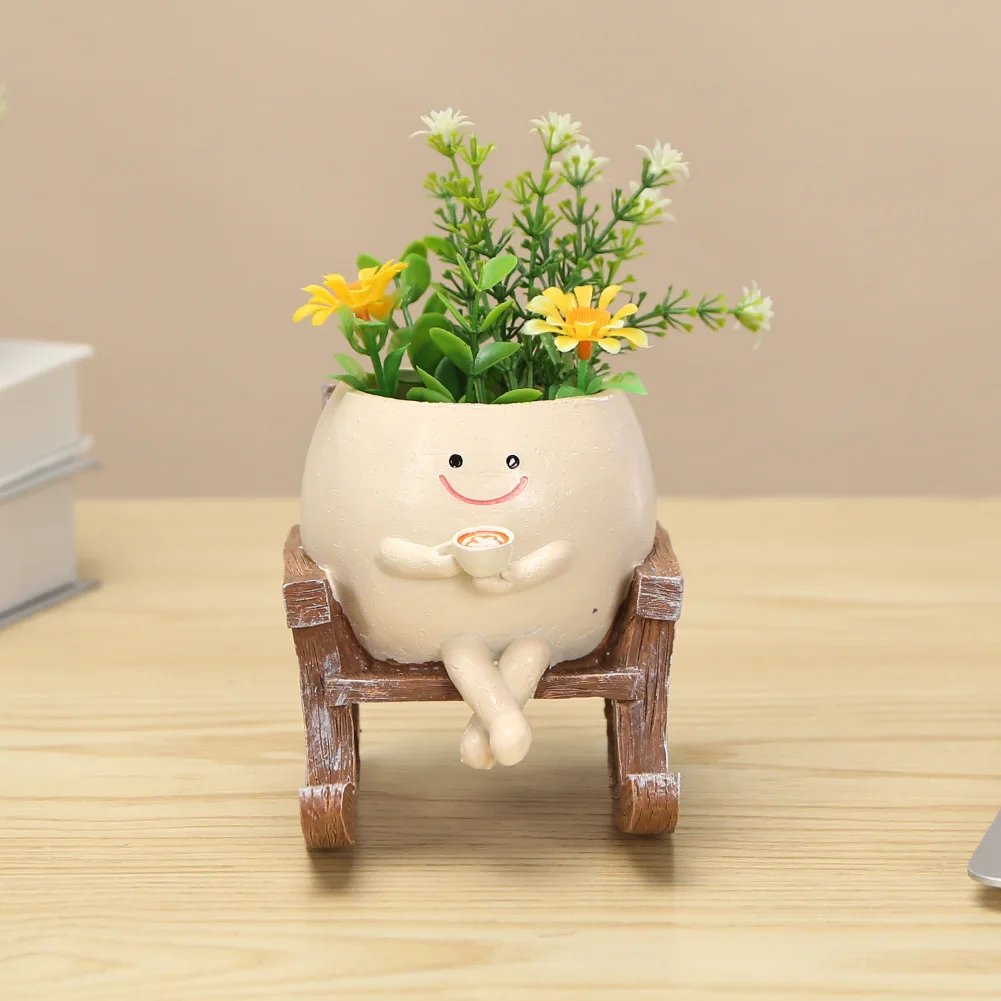 Lovely Swing Face Planter Pot Cute Smiling Face Resin Flower Pot Swing Succulent Flower Planter Flower Pot Home Garden Supplies