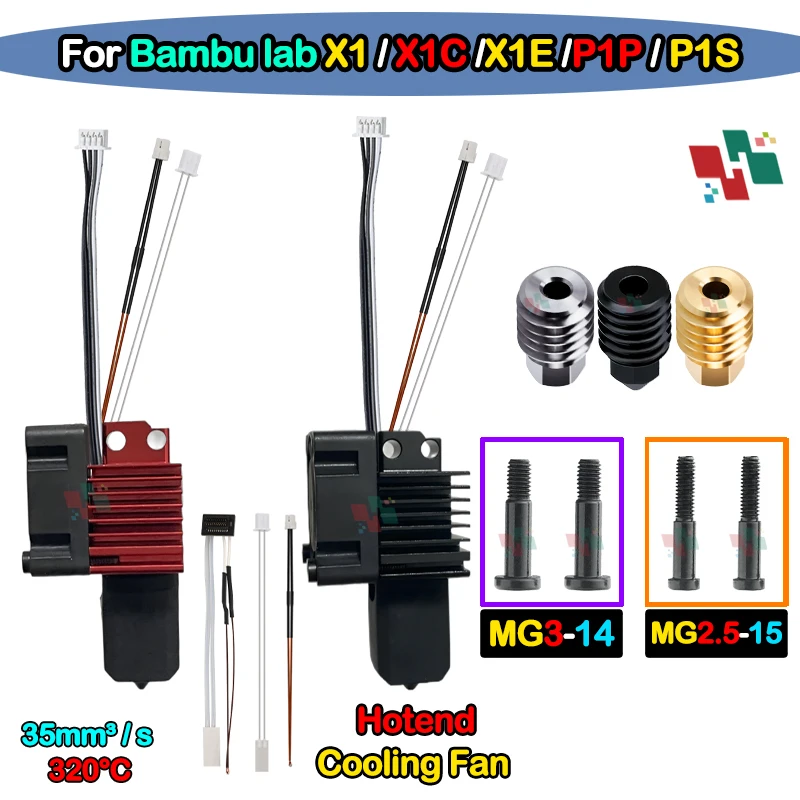 Bambu Lab X1/X1C/P1P/P1S Metal Hotend com ventilador de resfriamento Latão endurecido Cobre 0.2/0.4/0.6/0.8mm Bico Impressora 3D