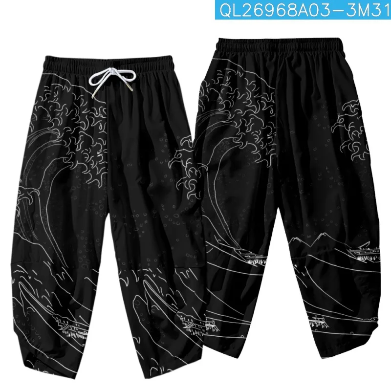 

Japan Wave Printed Black Men Japanese Harem Trousers Casual Elastic Waist Kimono Cropped Pants Streetwear