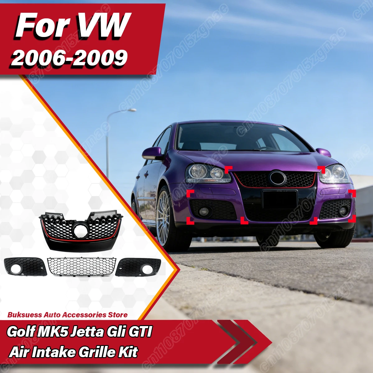 

For Volkswagen Golf MK5 Jetta GLI GTI 2006 2007 2008 2009 Car Honeycomb Style Front Bumper Grille Racing Radiator Cover Body Kit