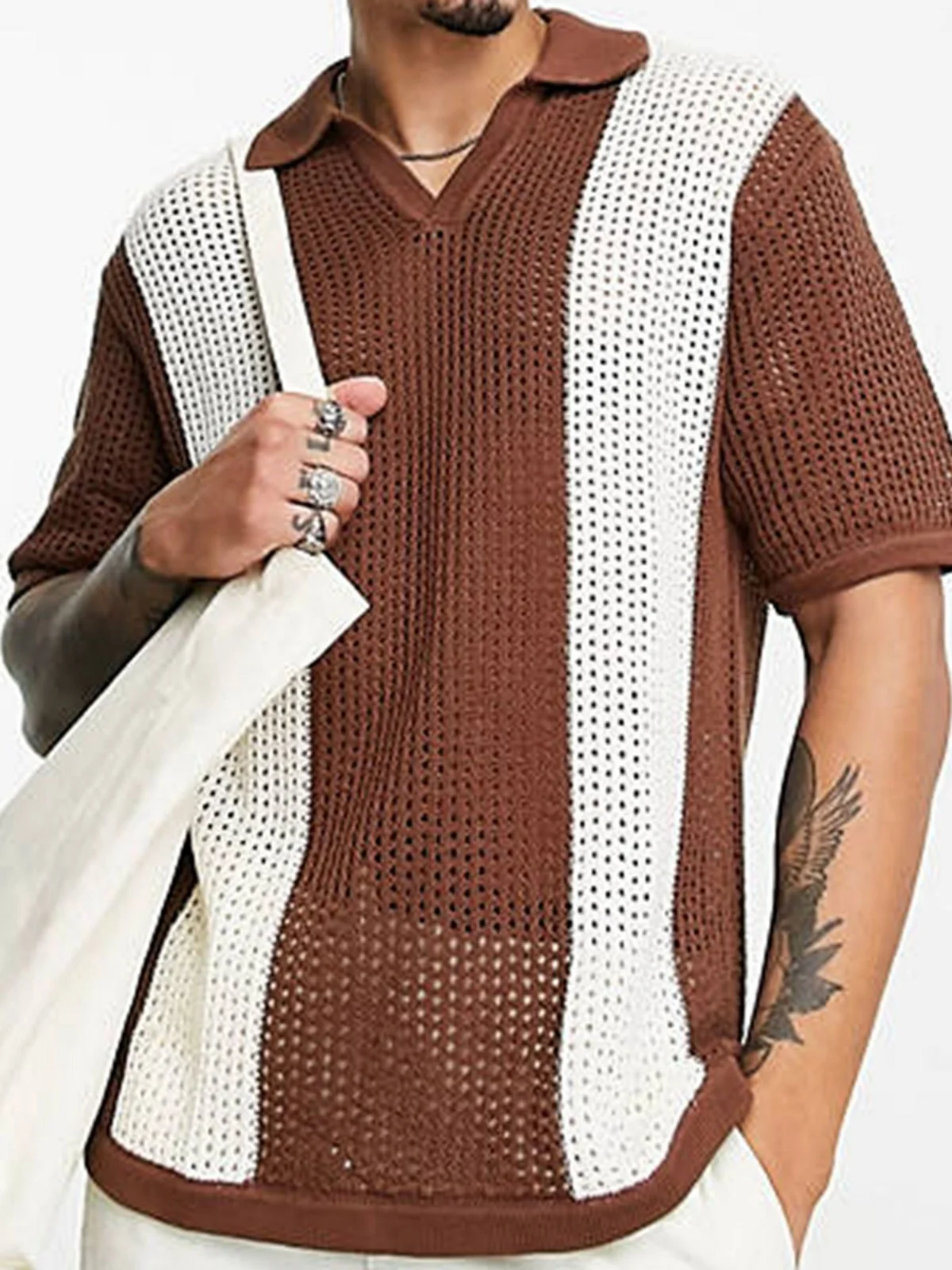 

Мужской летний тонкий ажурный вязаный повседневный свитер с откидным воротником, устойчивый к деформации