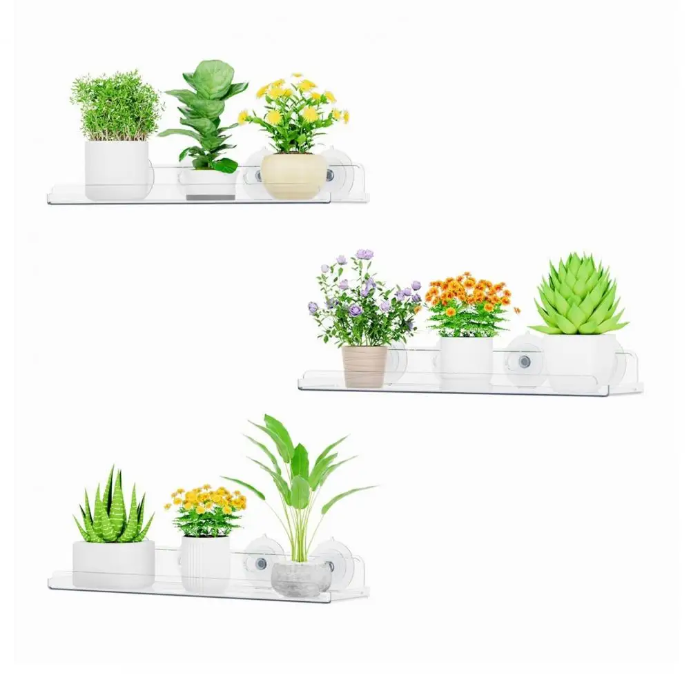 Kitchen Bathroom Suction Holder Acrylic Floating Shelf with Suction Cups Sturdy Window Plant Display Rack Wall Mounted Bathroom