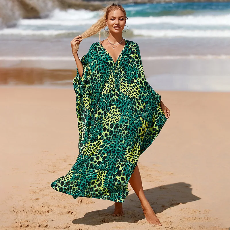 Vestidos caftán de talla grande de 133cm de longitud para mujer, vestido caftán de traje de baño con cuello ondulado, vestido de playa largo de talla grande
