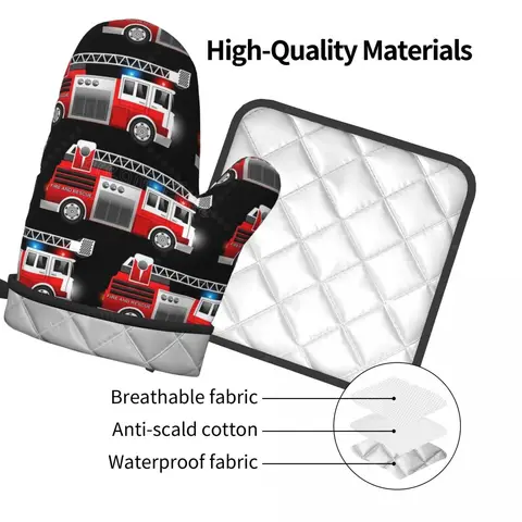 Cartoon Fire Trucks Pattern Heat Resistant Oven Mitts and Pot Holders Sets Oven Gloves for BBQ Cooking Baking Grilling