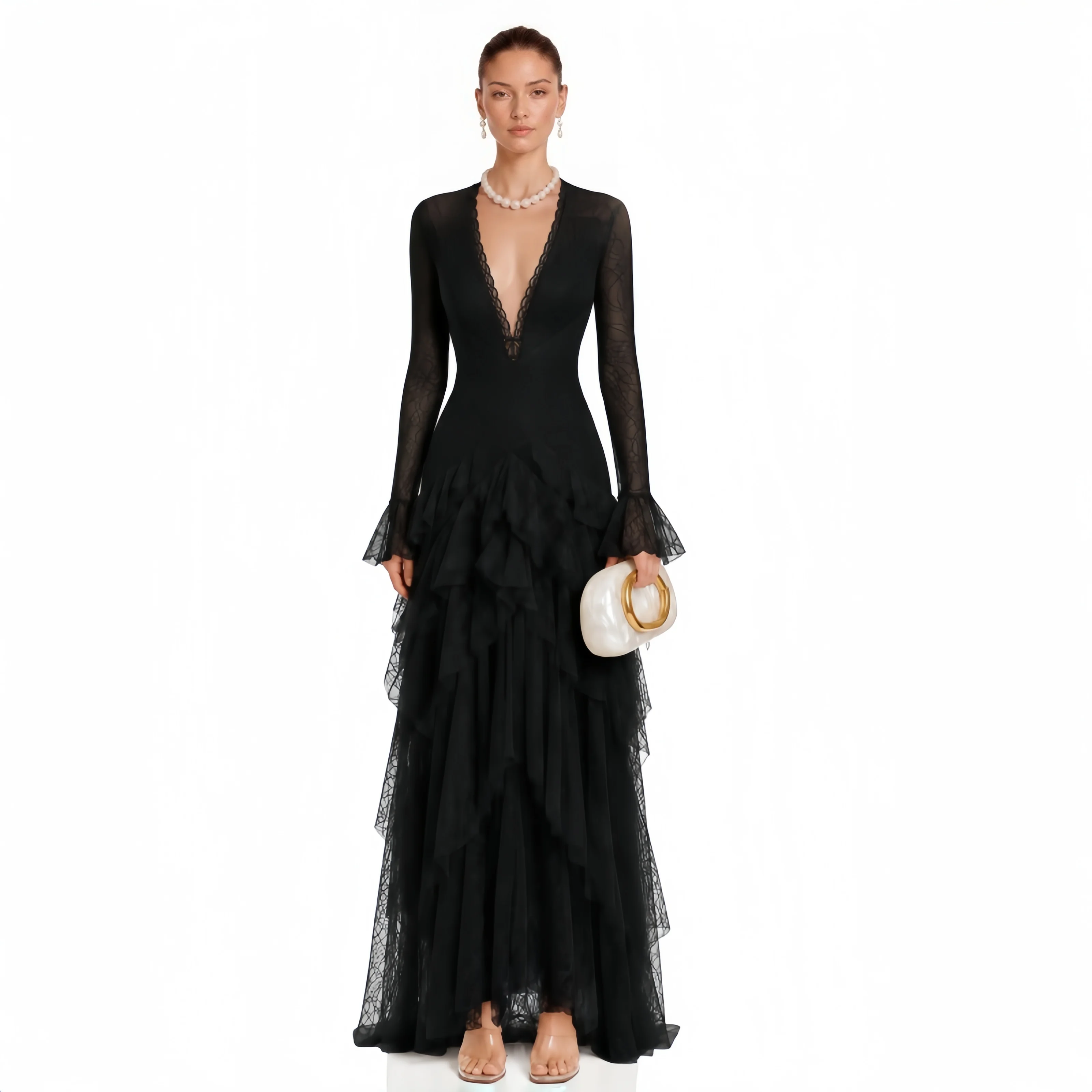New French Retro Dress With V-Neck Bow Cinched Waist Flared Sleeves Lace Cake Dress Slim Fit Evening Gowns Custom Made