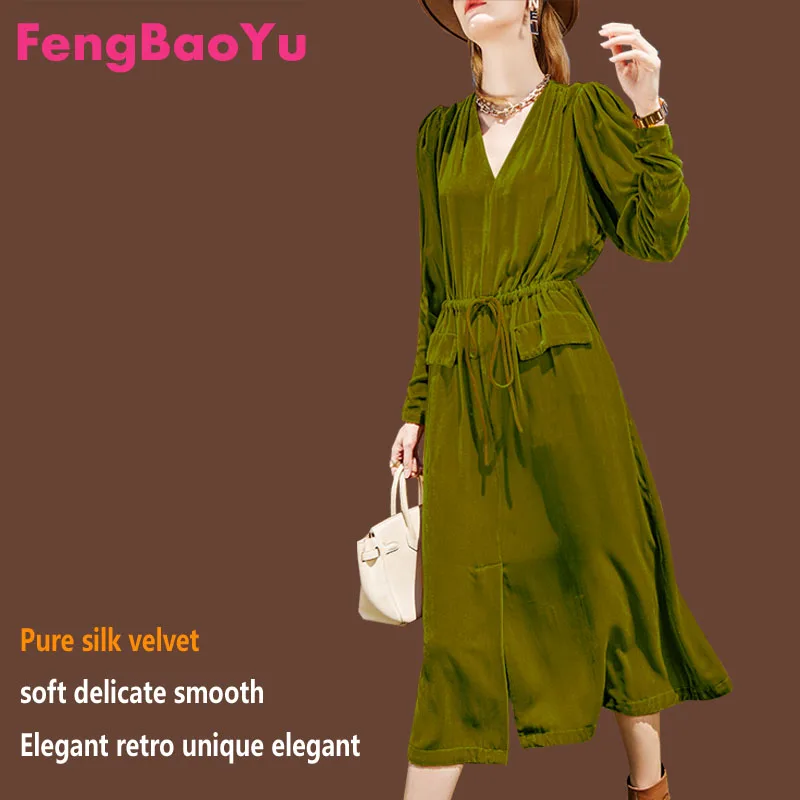 Fengbaoyu High-end Velvet Long-sleeved V-collar Medium-long Dress Autumn Winter Strapped A-shaped for Women Luxury Designer 5XL