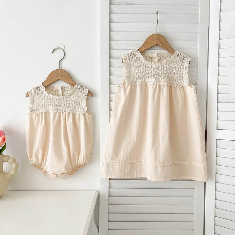 Family Matching Sister Clothing Summer Girls Clothes Kids Sleeveless Lace Princess Girl Dress Baby Romper Outfit