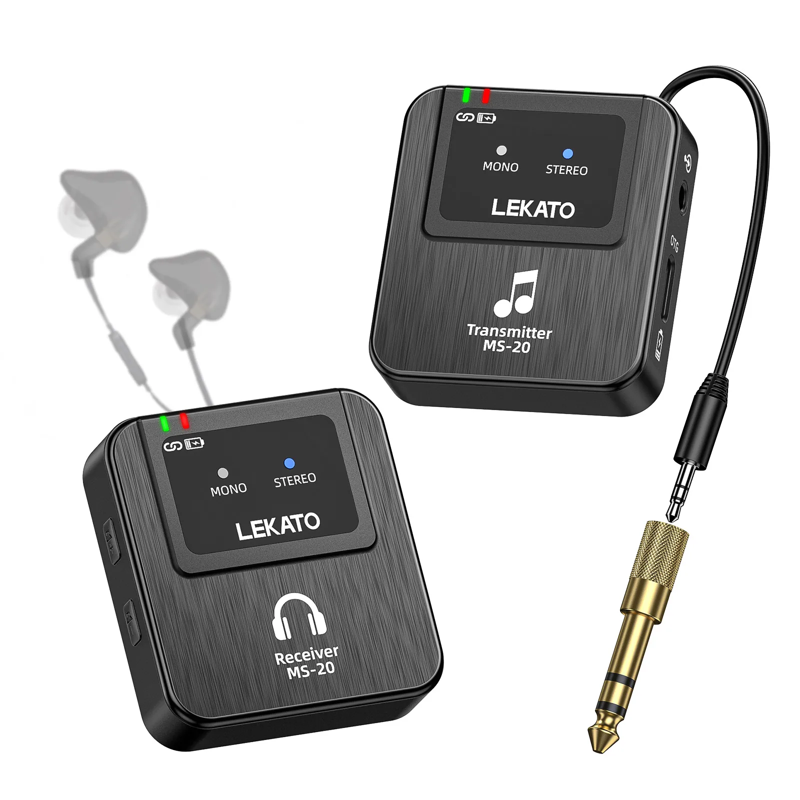 LEKATO Wireless IEM Monitor Kit-1 TX + 1 RX, Expandable to 10 Low-Latency 2.4G, 100ft Range, Mono/Stereo Switch & OTG Support