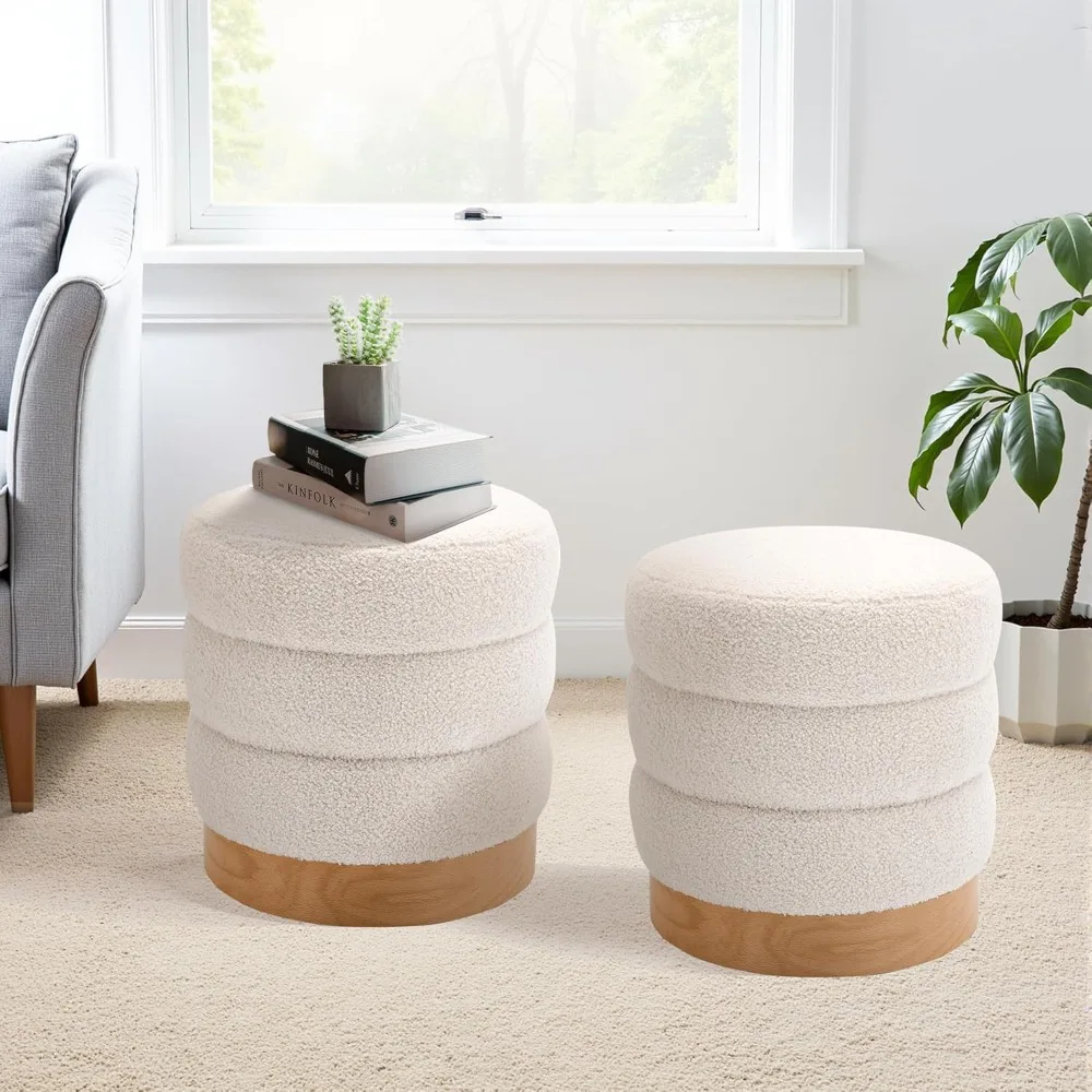 

"contemporary tufted sherpa ottoman, wooden base footrest stool for living spaces, bedrooms, and desk areas, round multipurpose