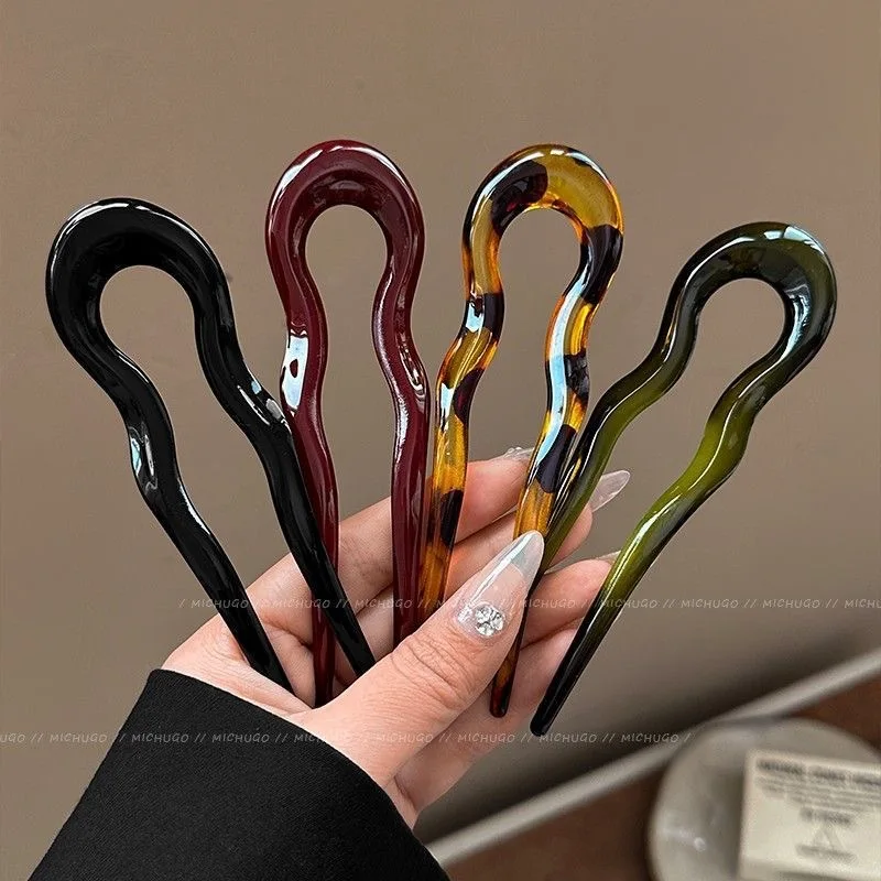 U-Shaped Hair Fork Fashion Tortoiseshell Acetate Acrylic Hairpin Geometric Design Headwear Hair Sticks Women Girls Accessories