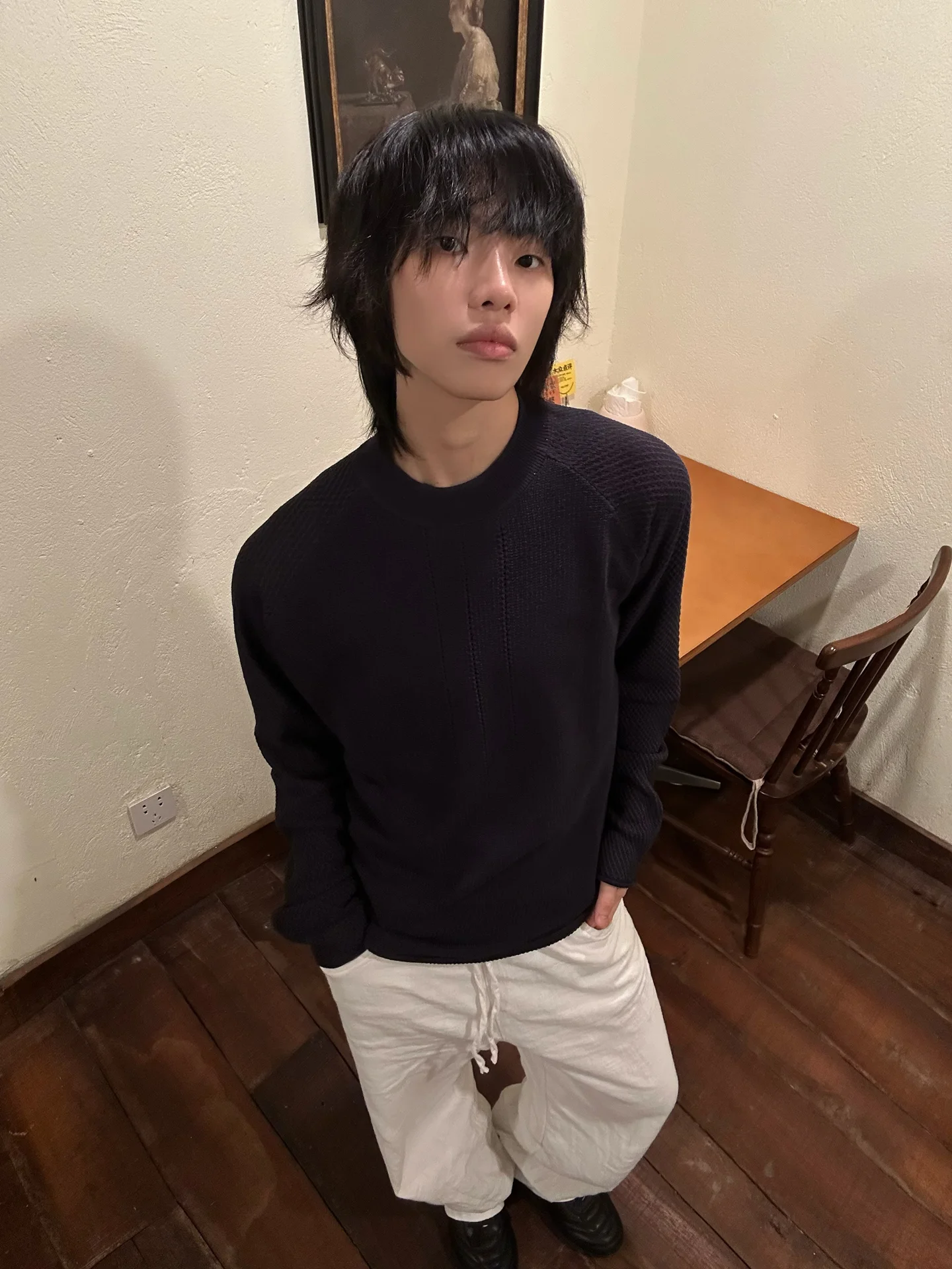 

Borrowed Project Han Haax Woven Long Sve Base irt ort Wide Boxy Loose Casual T-irt Inner Wear for Youth Commute C...