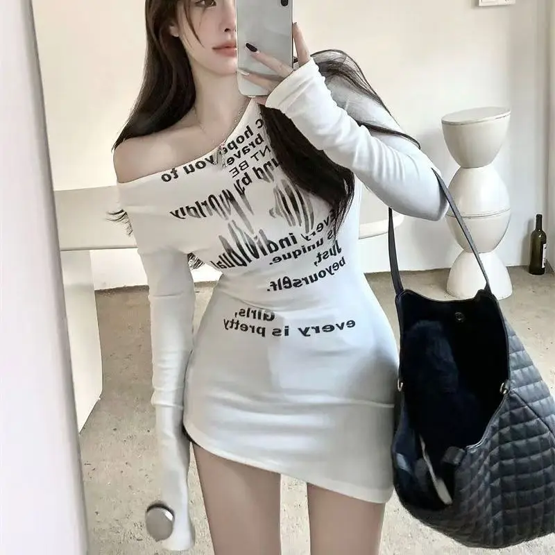 

Весна-Осень 2024 платья в корейском европейском и американском стиле с диагональными плечами и длинными рукавами облегающая юбка-спагель