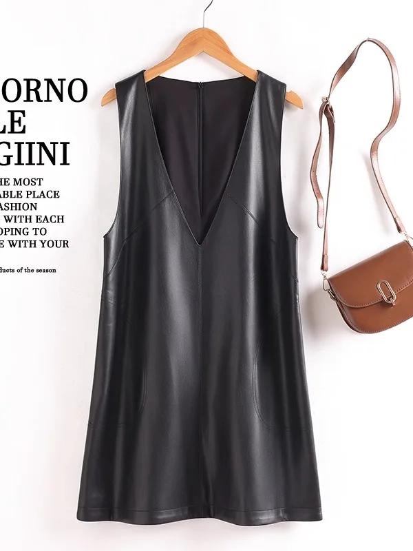 Real Leather Vest Dress Women's Mid-Length Sleeveless 2026 Spring Autumn Loose Slimming Sheepskin Vest Dress