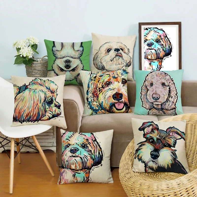 Home Cushion Covers Cute Dog Printed Linen Pillow Cover For Sofa Bed Nordic Decorative Pillow Case 45x45cm Pillowcases