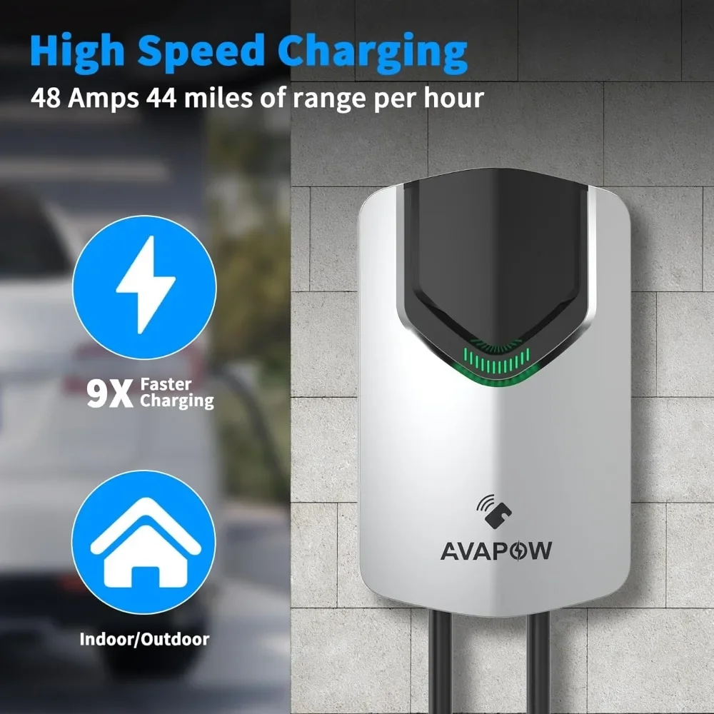 Level 2 EV Charger Up to 48A Current, 25FT Wall Electric Car Charger with App Control, Set Current, Delay Charging