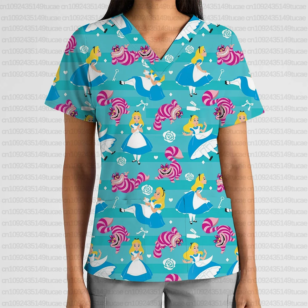 

New Summer Women's Disney Wonderland Printed Surgical Gown V-neck Short Sleeve Women's Thin T-shirt Medical Clothes T-shirt