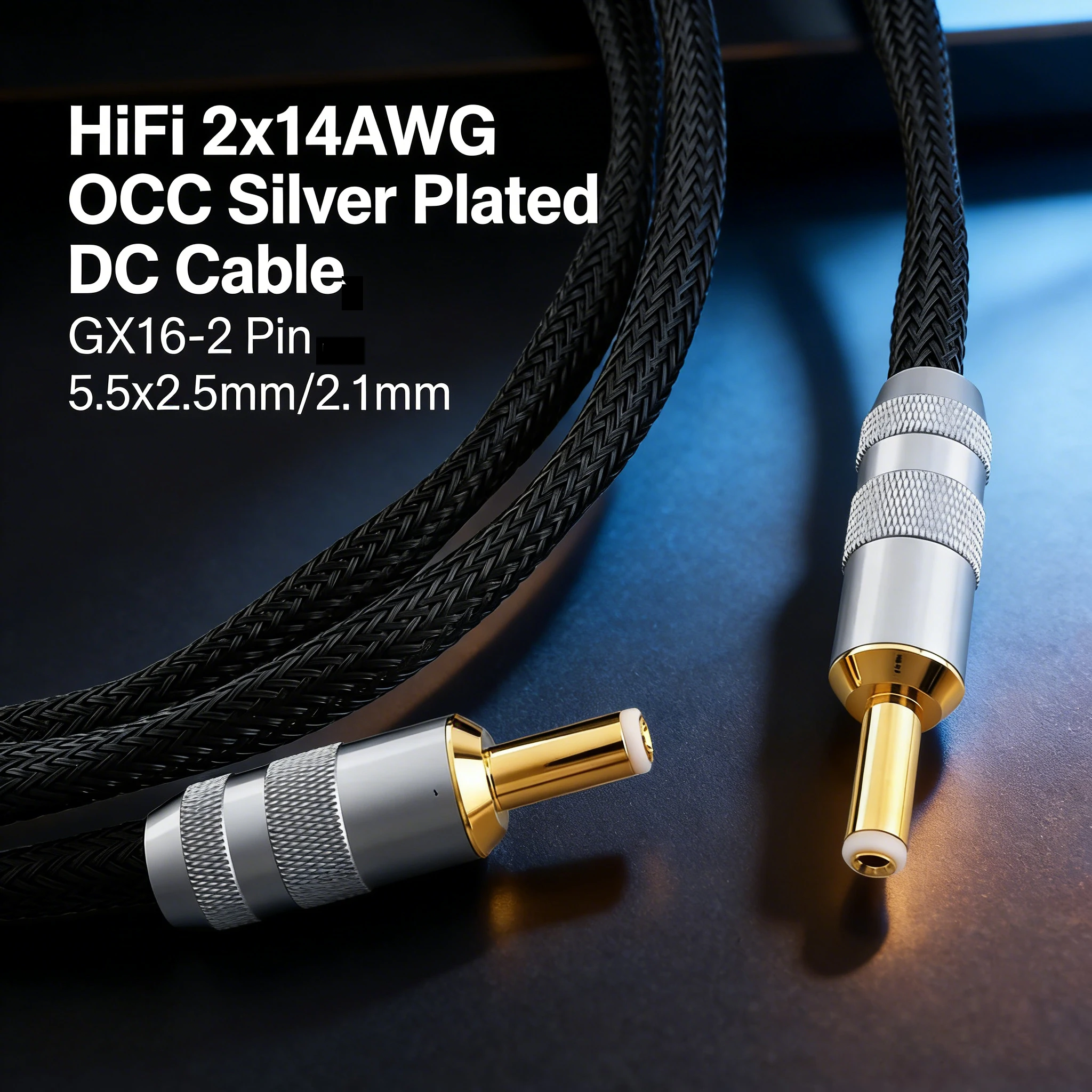 Hifi 2x14AWG OCC Silver Plated DC Power Cable GX16-2 Pin To 