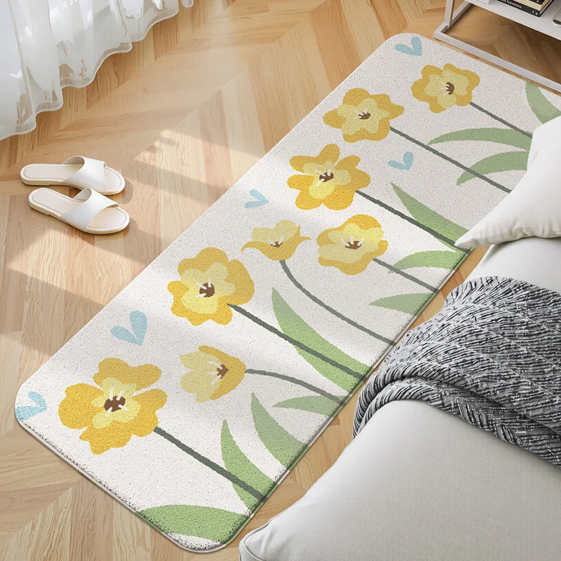 Fresh Style Floral Lamb Wool Bedside Rug, Bedroom Decor Floor Mat, Soft & Fine, Skin-Friendly Comfort, Machine Washable