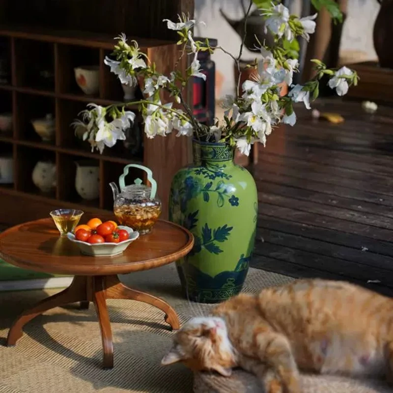 Antique Green Hand-Painted Porcelain Vase Living Room Wine Cabinet Art Decor Elegant Home Flower Vessel Vintage Ceramic Vase