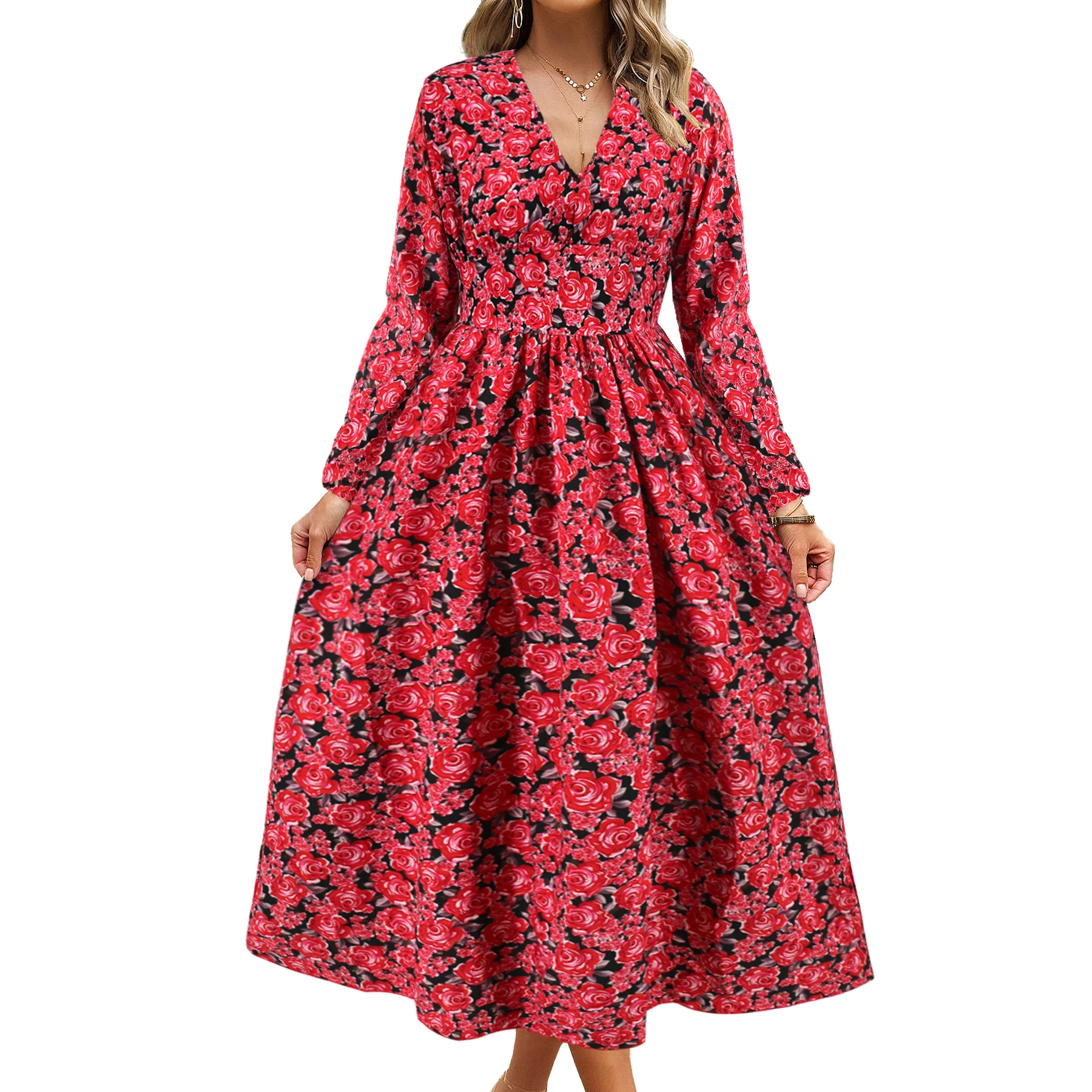 2025 New Arrival On popular Spring and summer new women's French V-neck long-sleeve printed chiffon dress