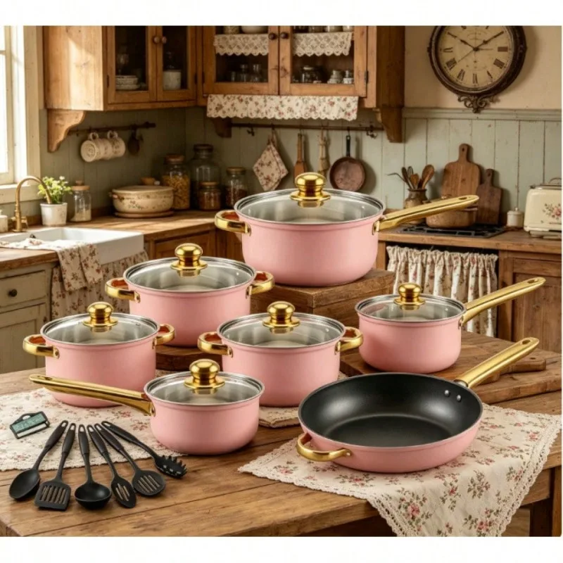 18-Piece Pink Stainless Steel Cookware Set, Classic Home Pots Compatible With Gas, Electric, Halogen, Ceramic And Induction Stoves