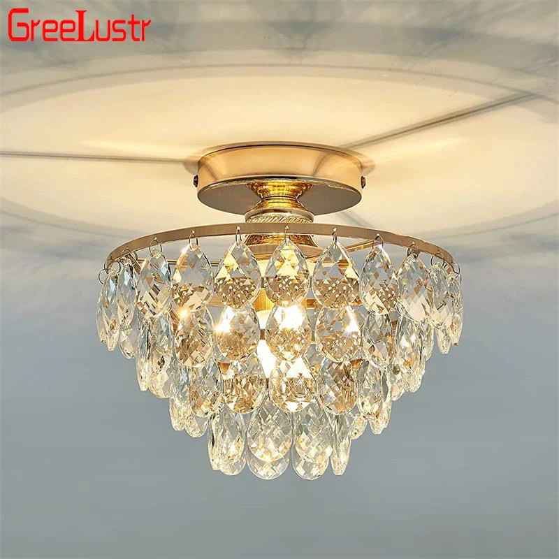 Modern Crystal Ceiling Lamp Hallway Cloakroom Small Chandelier French Style Semi Flush Mount Ceiling Light Gold /Black Luminaire