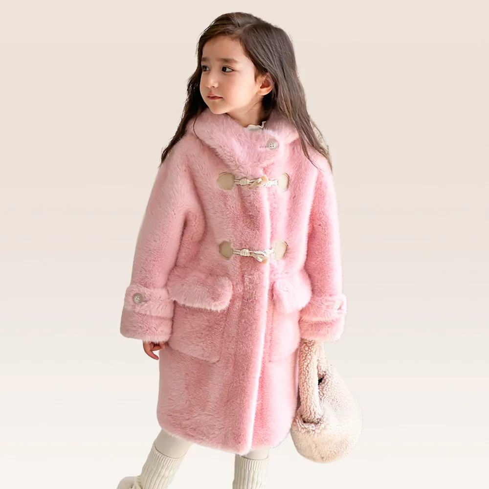 UNITIM Winter Children Girl Woolen Coat Hooded Teens Girls Mid‑Length Faux Mink Fur Coat Thick Horn Button Overcoat for Children