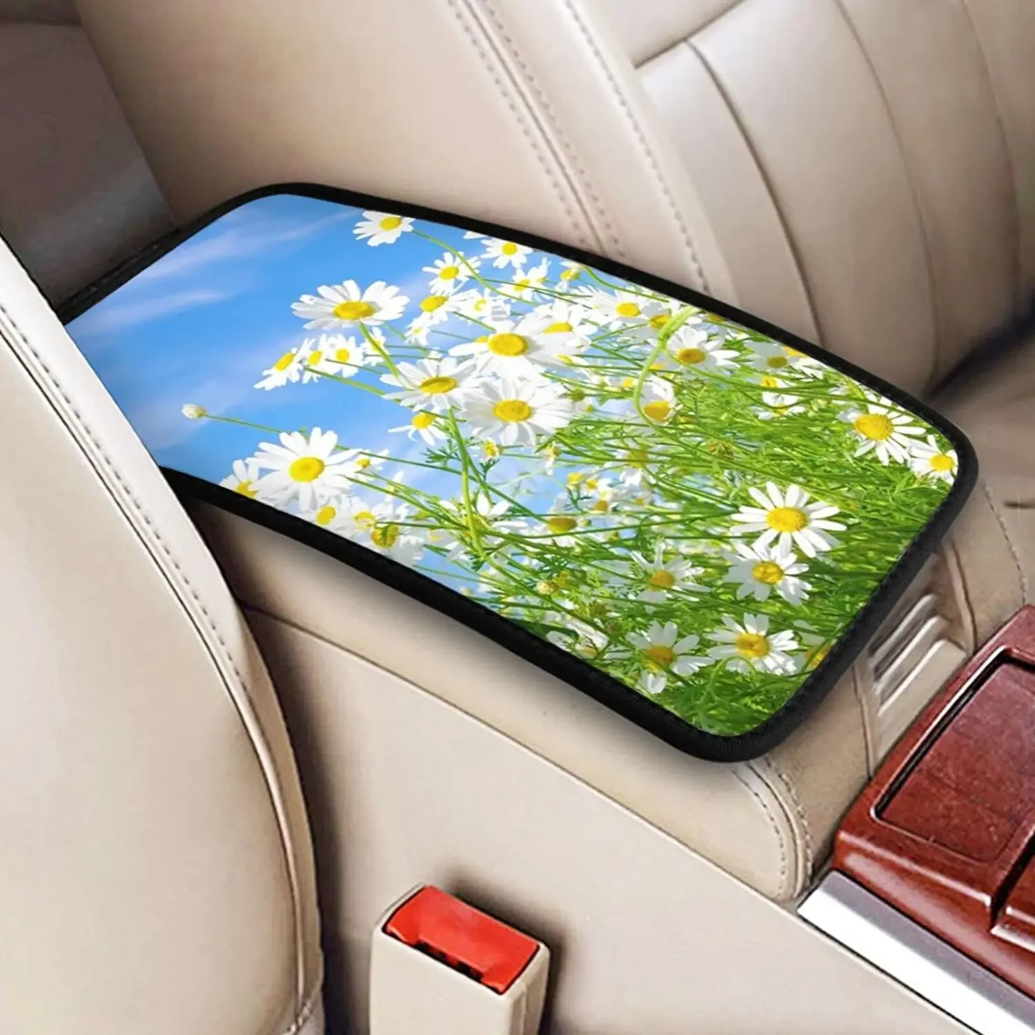 Vehicle Center Console Armrest Cover Pad, Daisy Flower Sea Soft Comfort Car Handrail Box Cushion Universal Fit for Most Auto, Va