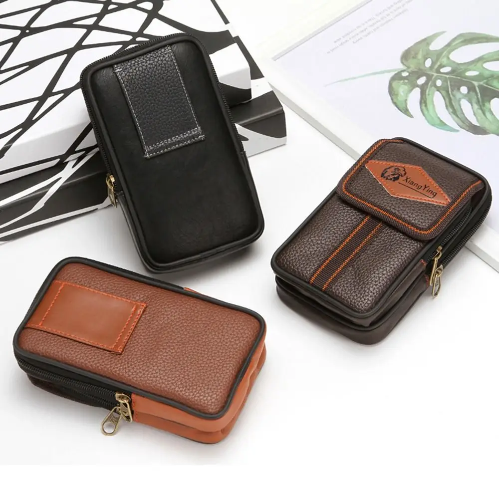 Durable PU Leather Man Belt Pouch Zipper Multiple Layers Phone Waist Bag Modern 6.5inch Phone Case Outdoor Camping