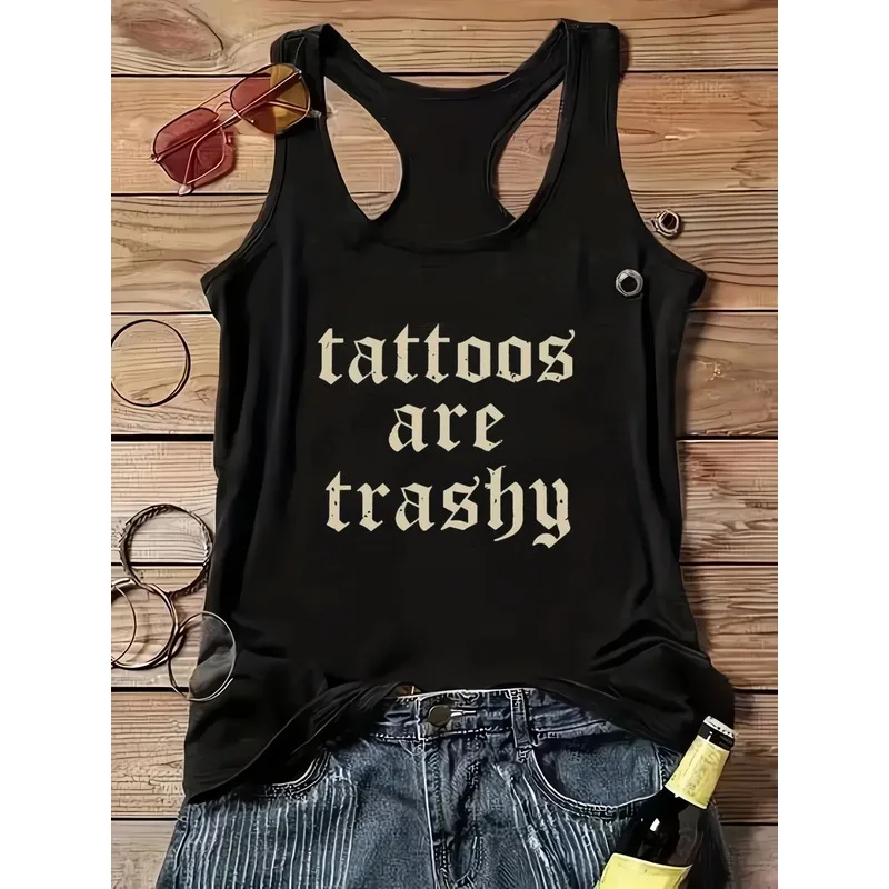 Gothic Punk-Inspired Sleeveless Racerback Tank Top for Women - Casual Cami with 'Tattoos Are Trashy' Tattoo Quote Design