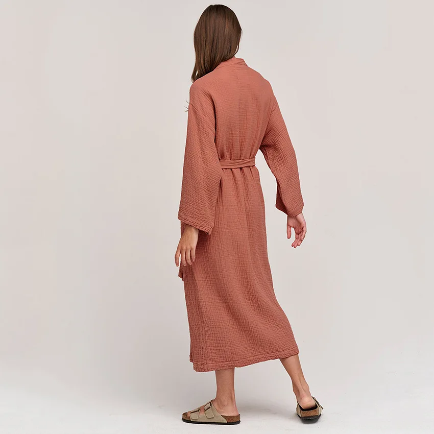 Cotton Bathrobe Female Loose Long Sleeve V Neck Sleepwear Solid Casual Robes For Women Home Dresses Autumn Clothes Sashes