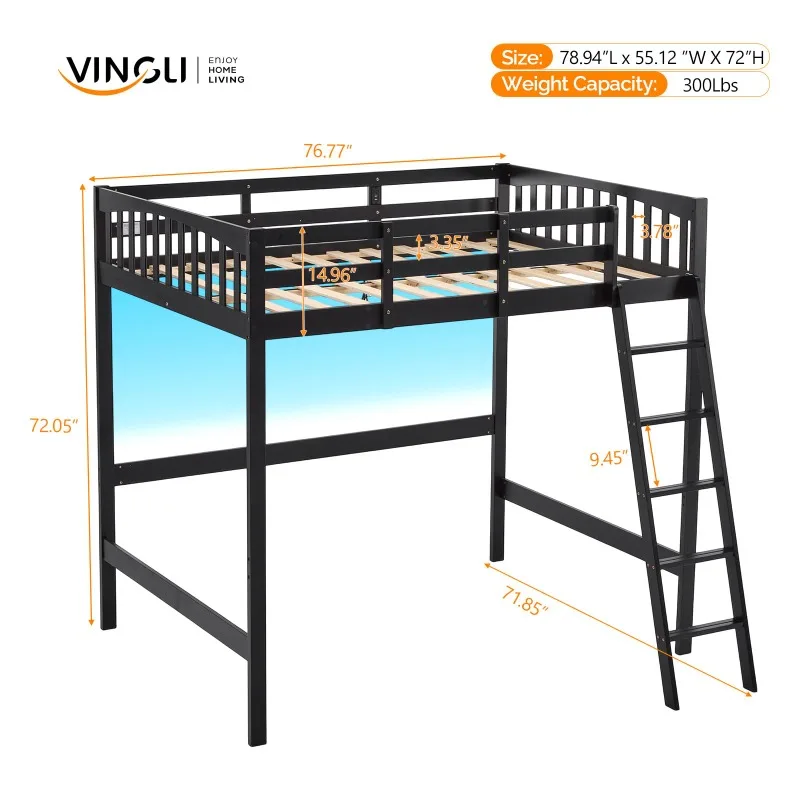 Loft Bed Full Size with 15 inches Guardrail/USB Charging Station/LED, Solid Wood Double High Sleeper with Flat Rungs
