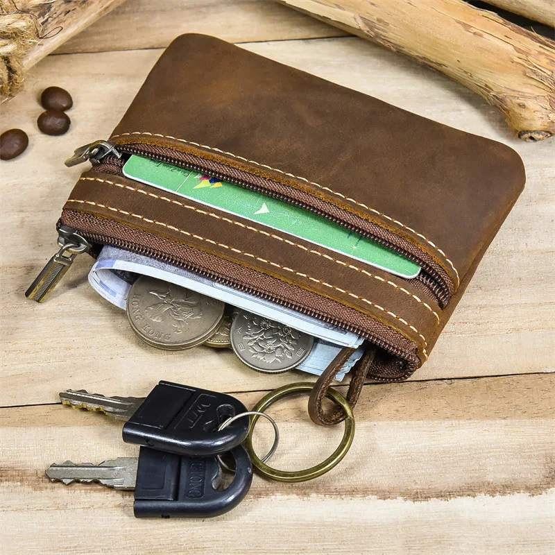 Retro Coin Purse with Keychain for Men & Women Cowhide Zipper Coin Wallet Vintage Key Holder Mini Bag