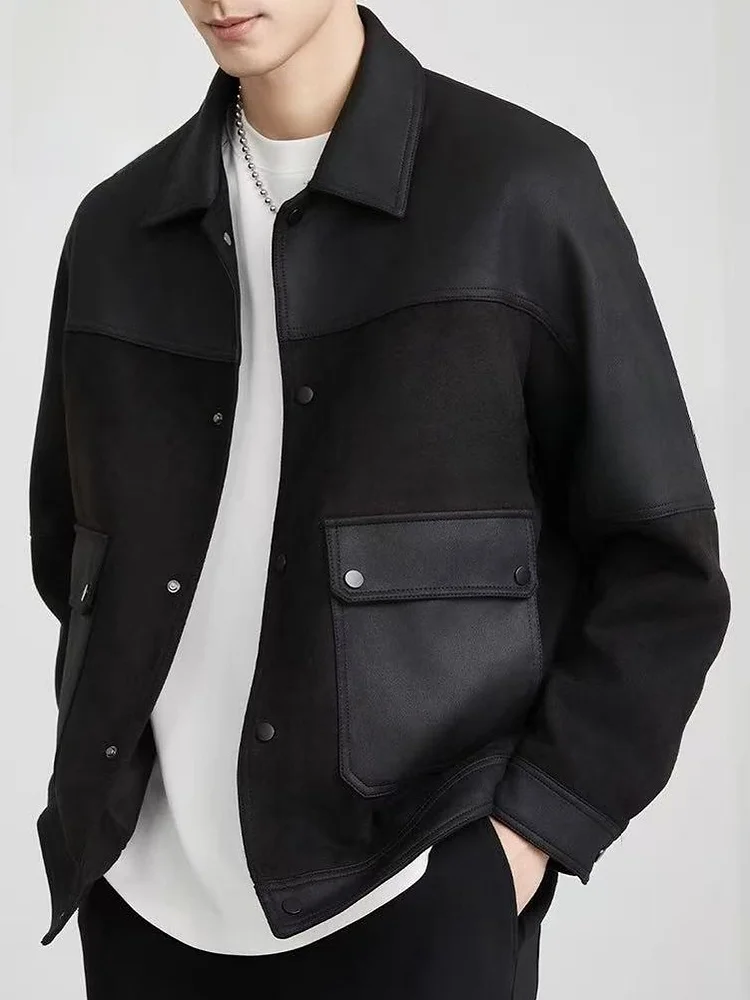 

Rn Men's Suede Jaet Motorcycle Sle Collar Patchwork Winter Coat Casual Loose Fit Long Sve Anti-Wrinkle PU Leather