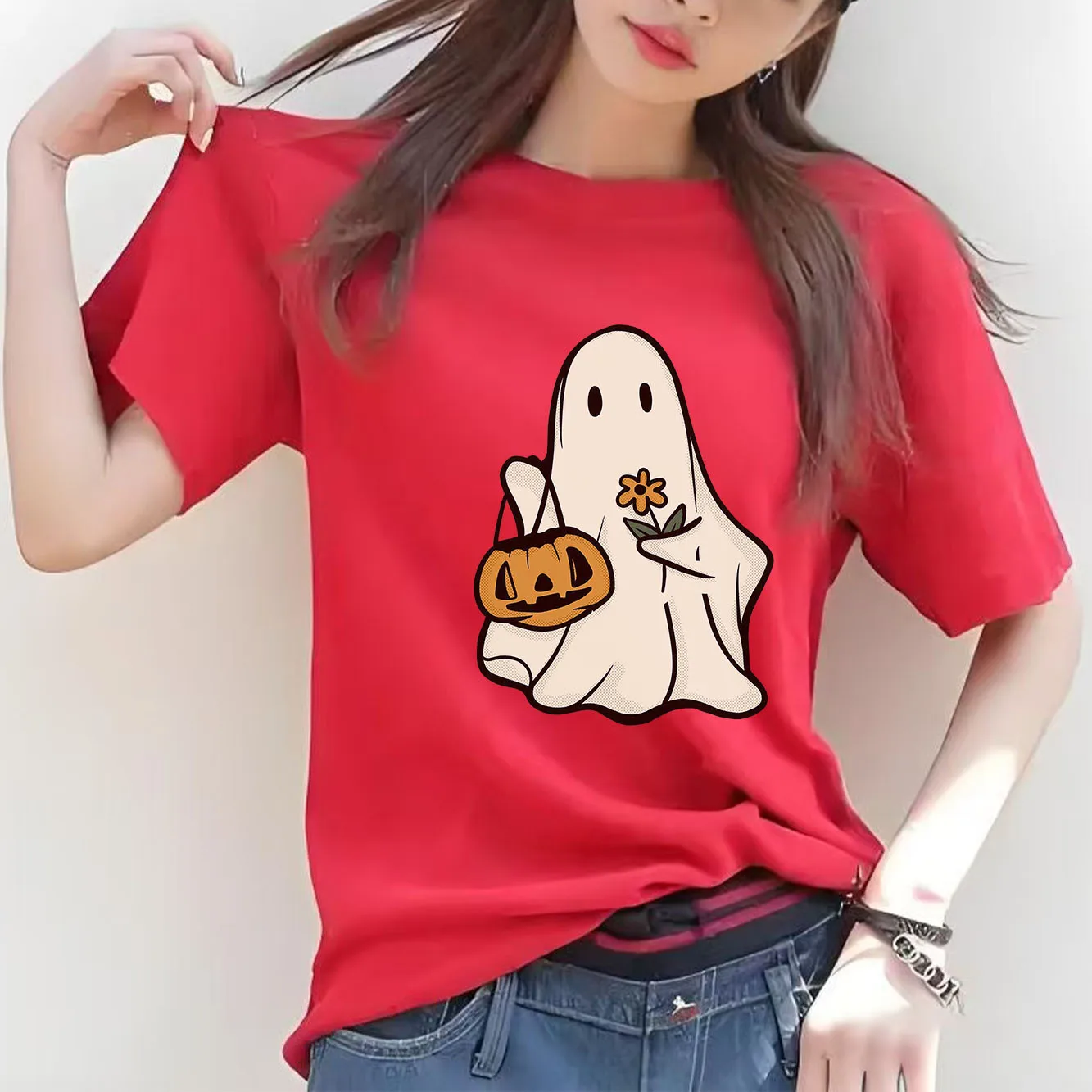 تي شيرت Halloween Retro BOO Four Seasons بأكمام قصيرة ومتعدد الوظائف كاجوال للمهرجانات النسائية