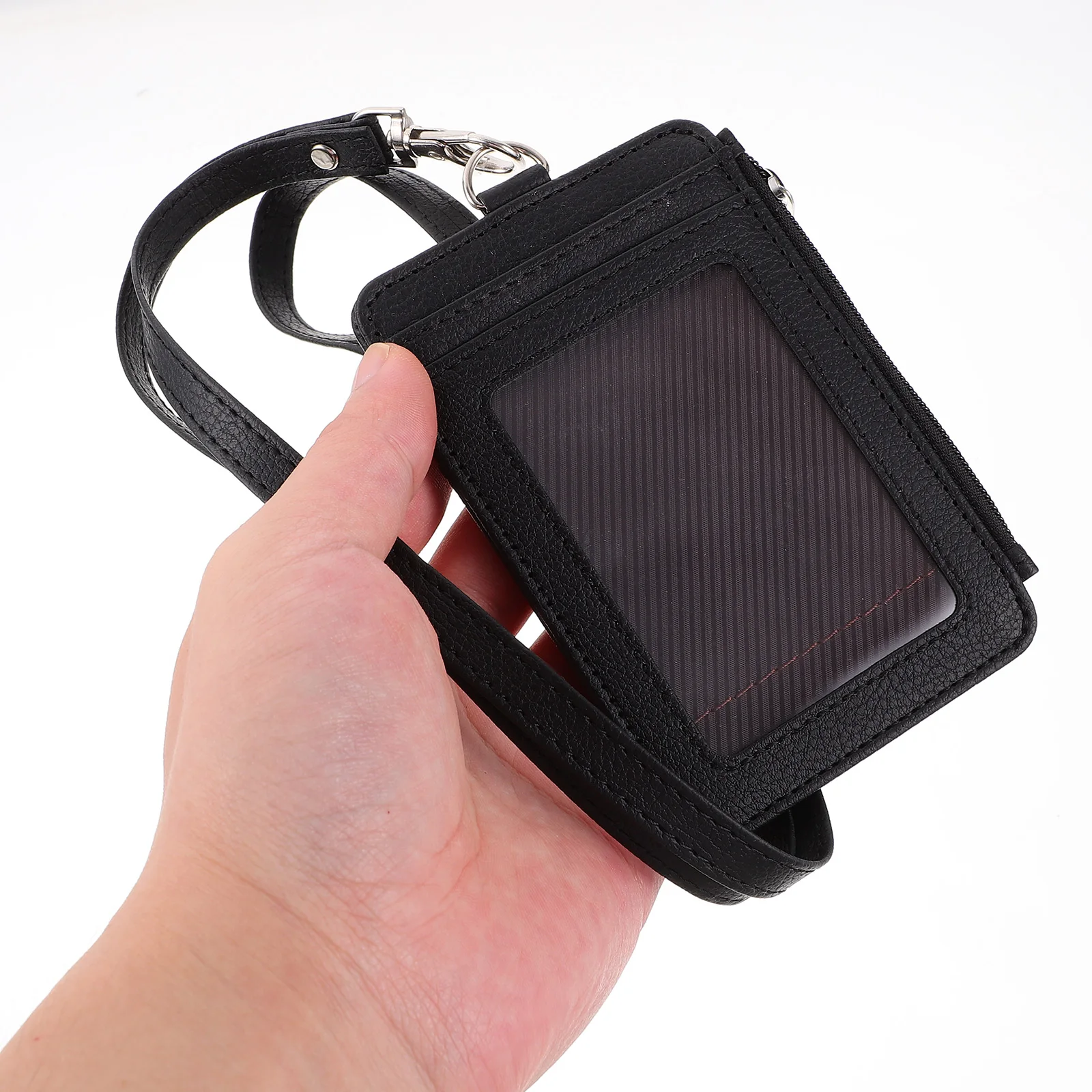 

Card Holder Wallet Coin Sleeve ID Credit Work Portable PU Black Lanyard Included Lightweight Student School Bus