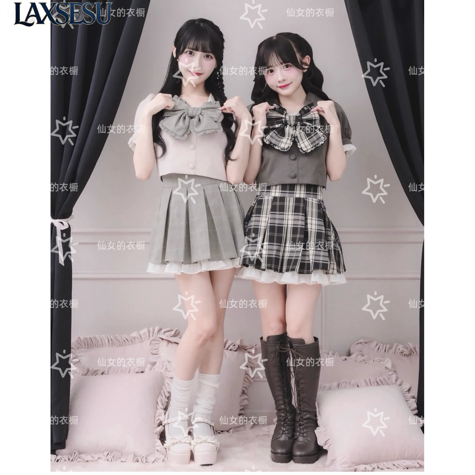 Sweet Girls Two-piece SetJapanese Princess Mass-produced New Summer Casual Suit Bow Short Top with Pleated Skirt Sets