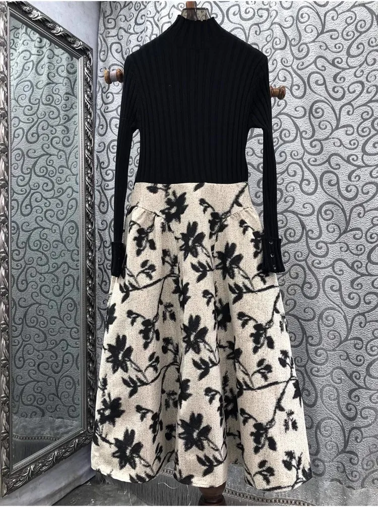 One Piece Dress 2024 Spring Fashion Design Dress High Quality Knitted Patchwork Long Sleeve Mid-Calf Slim Fit & Flare Dress XL