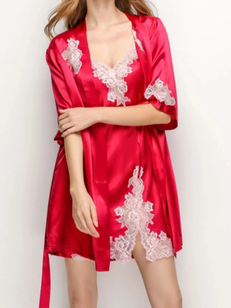 19MM 100% Mulberry Silk Belt Nightgown Kimono Robes Set Sexy Lace Chemise Robe Half Sleeves Bride Bridesmaid Wedding Robe Gown