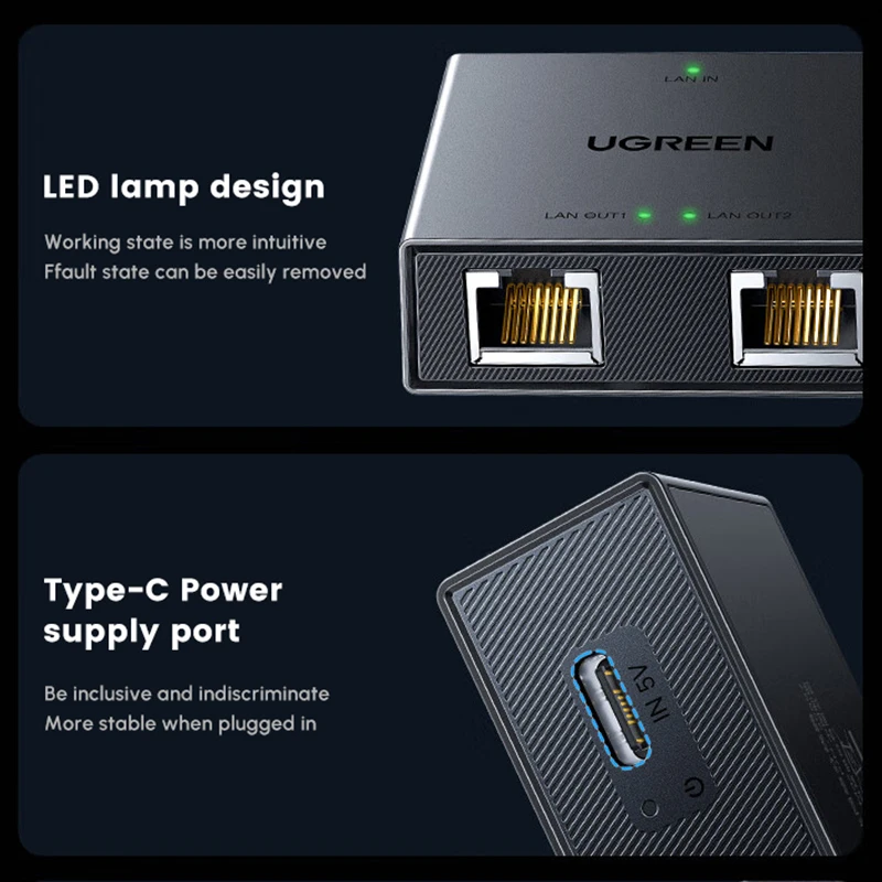 UGREEN Ethernet Splitter 100Mbps Ethernet Splitter 1 a 2, Plug and Play, 2 dispositivos en red simultáneamente