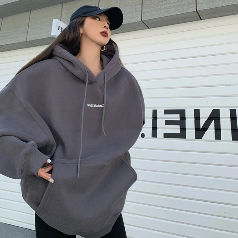 

American Retro Oversize Hoodie Women's Trendy Autumn Winter Fleece Lined Couple's Jacket High Street Loose Fit Cotton Polyester