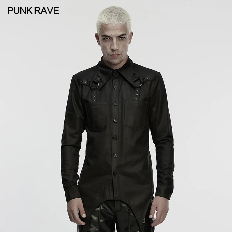 

PUNK RAVE Мужская киберпанк из искусственной кожи, матовая замша, персонализированная рубашка с воротником «летучая мышь», острый подол, стильные крутые клубные темные блузки