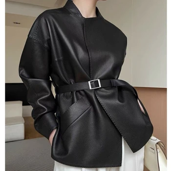 여성용 인조 PU 가죽 코트, 중간 길이 코트, 하이 웨이스트 벨트, 전체 소매 용수철 캐주얼 재킷, 우아한 블랙 작업 재킷