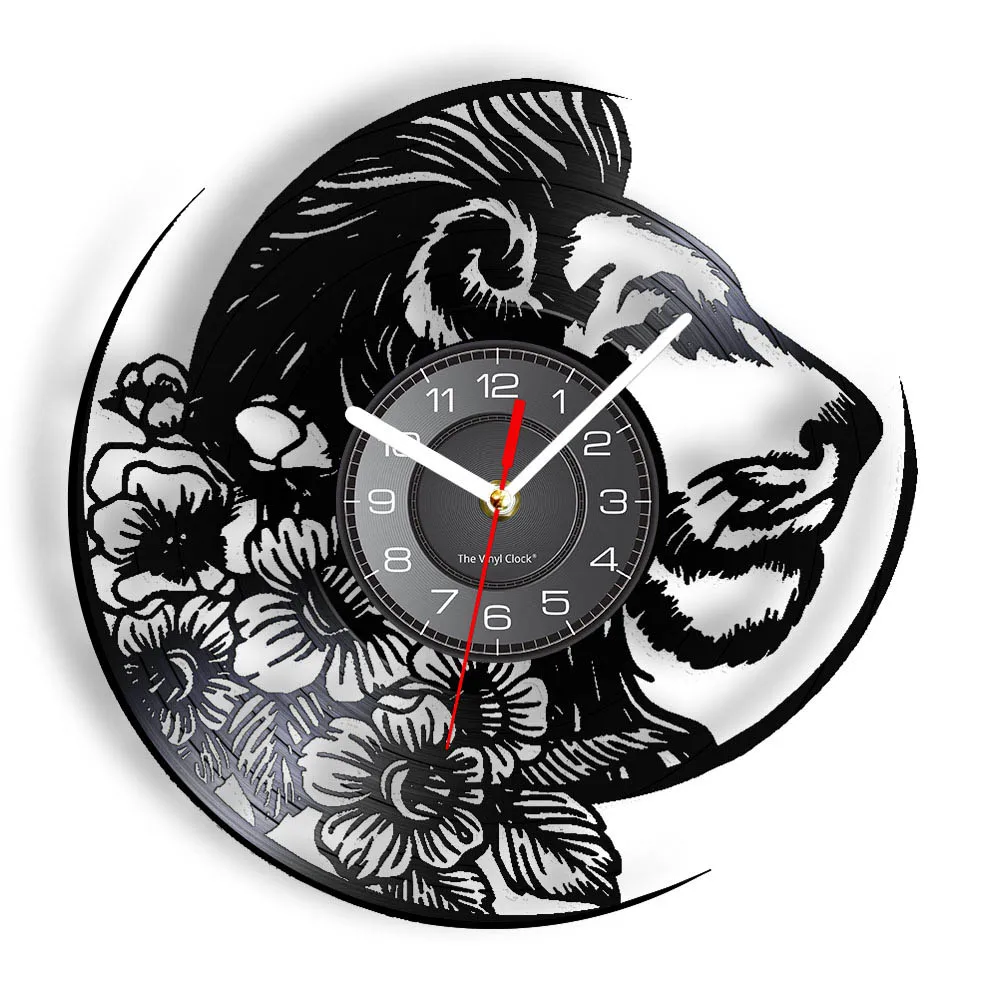 Lion With Flower Tattoo Design Vinyl Record Wall Clock Wildness Home Decor Watch Wild Cat Floral Lioness Silent Quartz Clock