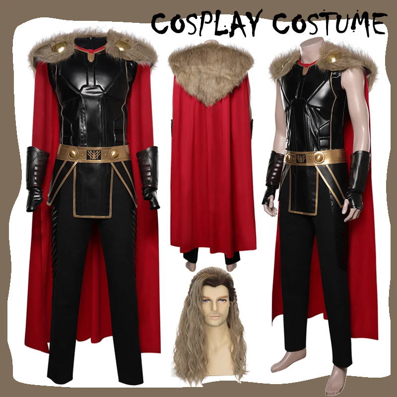 Thor Cosplay Men Costume Movie Love And Thunder 4 Roleplay Wigs Outfits Clothes Fur Cloak Male Superhero Halloween Party Suit