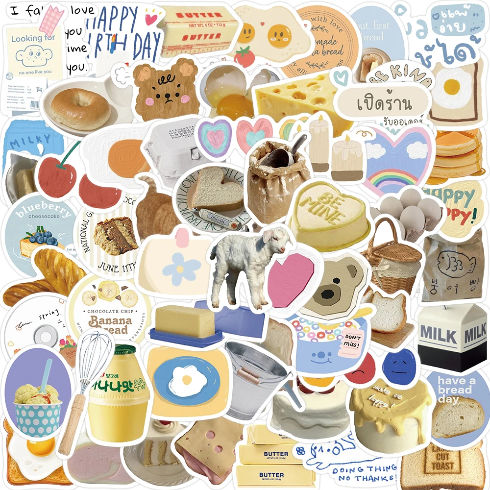 10/63pcs INS Wind Butter Bread Stickers Decals Cartoon Graffiti DIY  Notebook Luggage Wall Decoration PVC Sticker