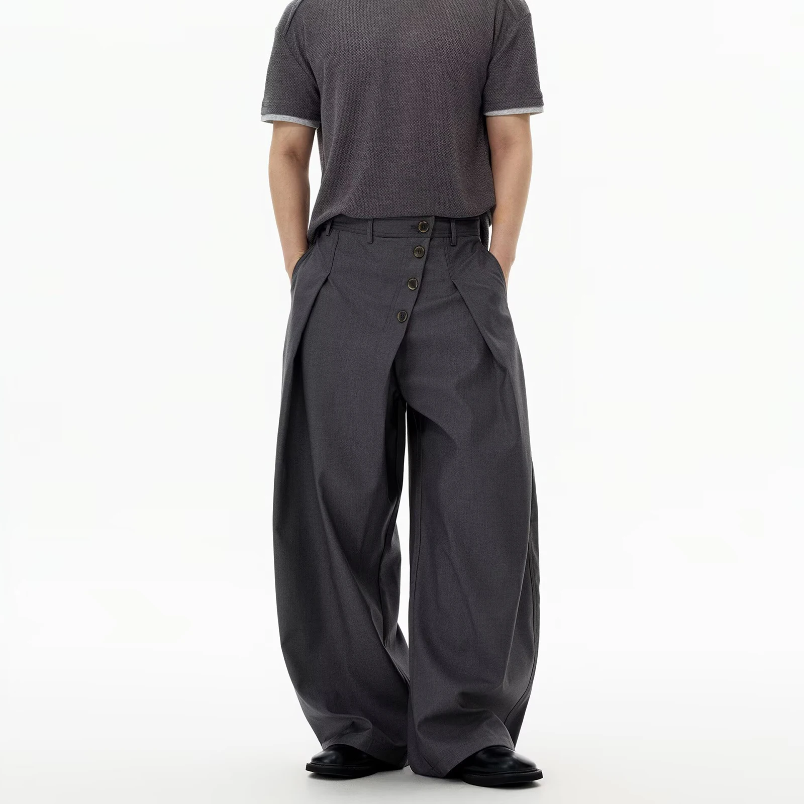 Front Button Pleated Lantern Trousers for Men Baggy Dark Gray Dress Pants Streetwear Old Money Wide Leg Business Curved Pants