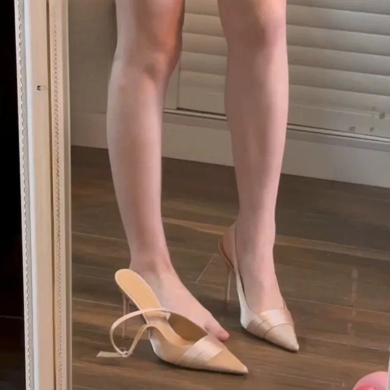

2025 New Baotou Sandals for Women, Champagne Color, Small, Narrow Heel, Pointed French Style, One Belt High Heels, Exquisite